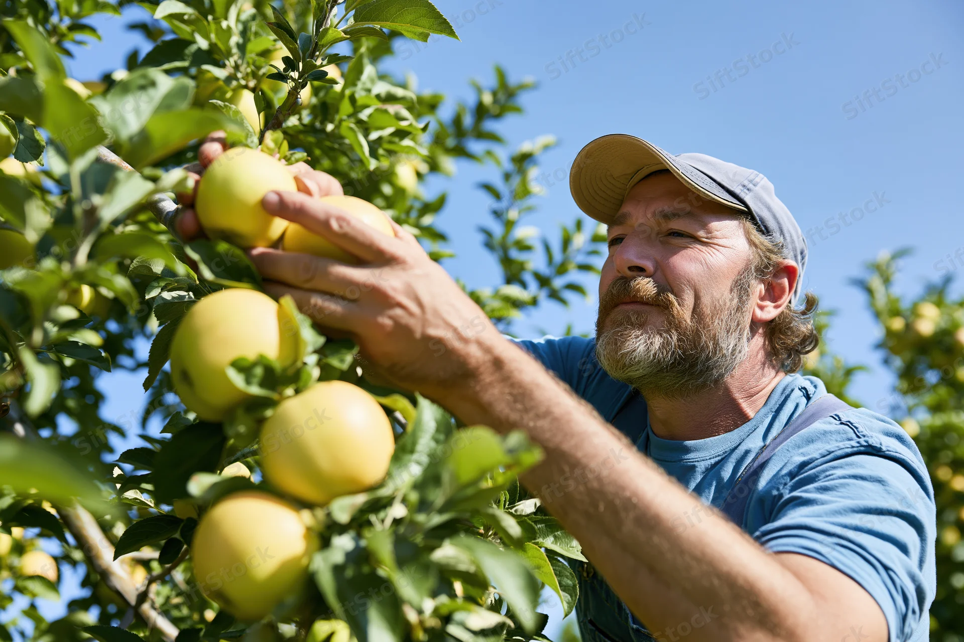 Bearded man picking apples from a tree in an orchard on a sunny day
