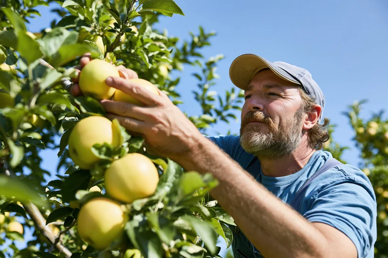 Bearded man picking apples from a tree in an orchard on a sunny day