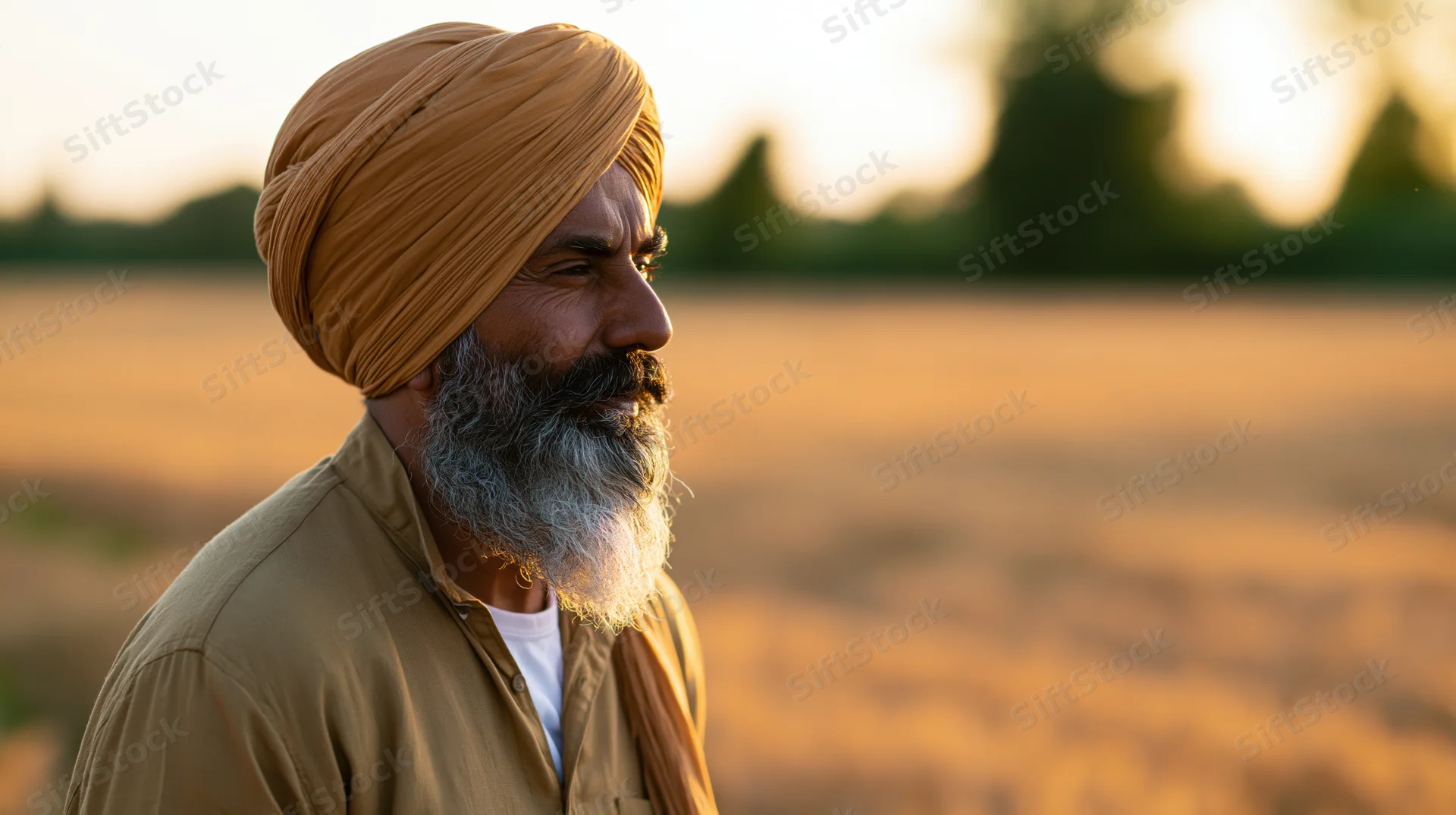 Sikh man with turban and beard standing in a golden field at sunset