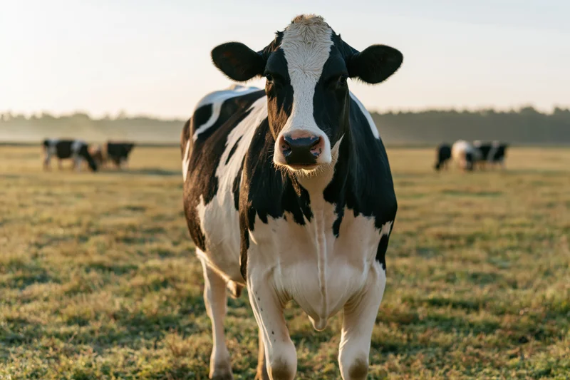 Black-and-white cow standing in a grassy field with herd in background