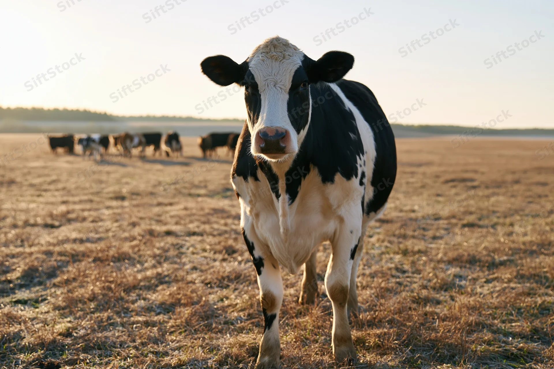 Black-and-white cow standing in a dry grass field with herd in background during golden hour