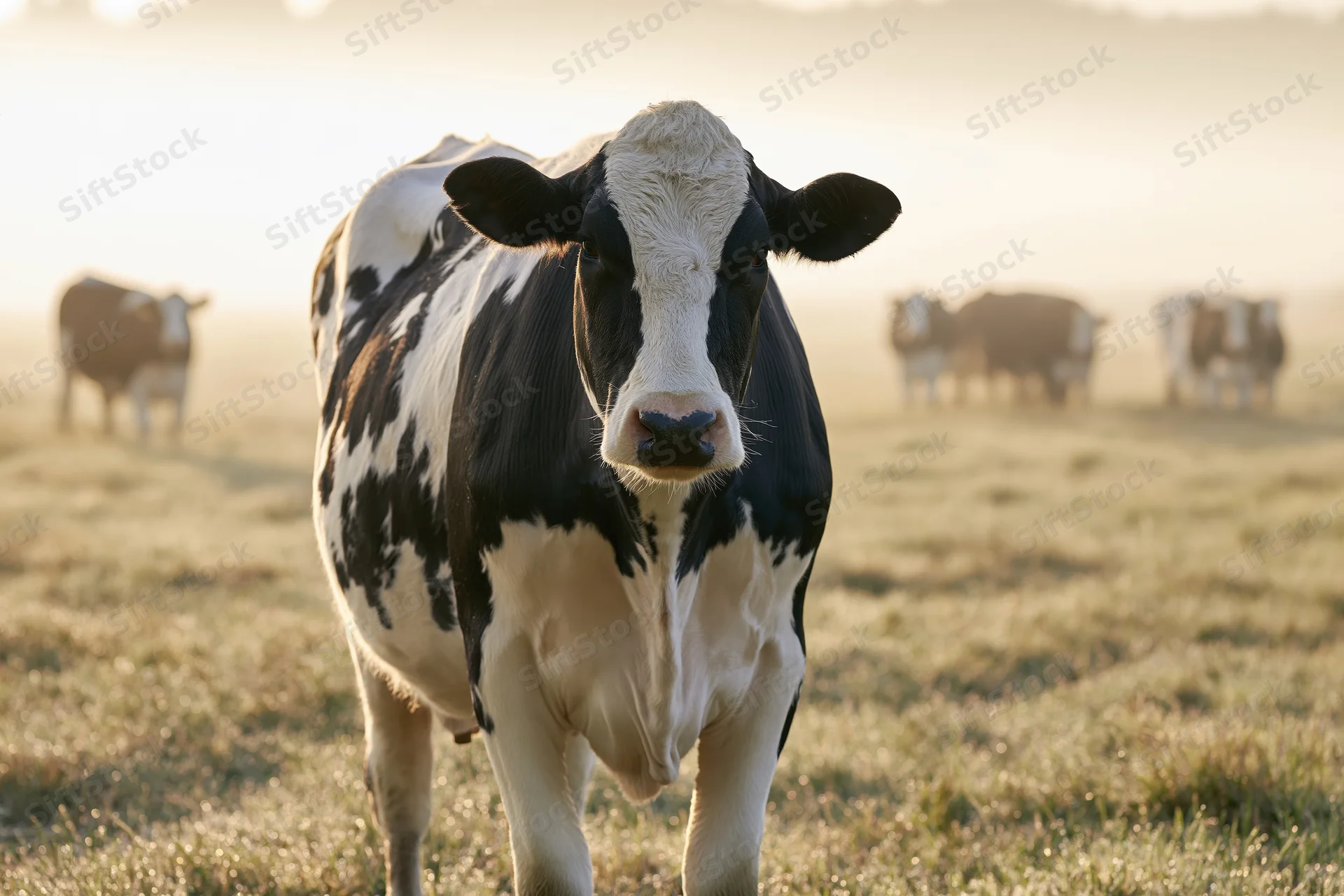 Black-and-white cow standing in a grassy pasture with herd in background during sunrise