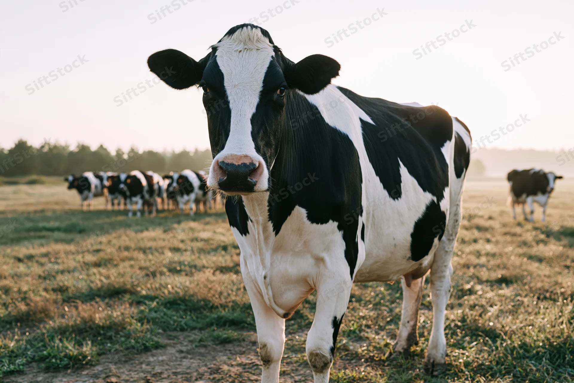 Black-and-white cow standing in a grassy field with herd in background during golden hour