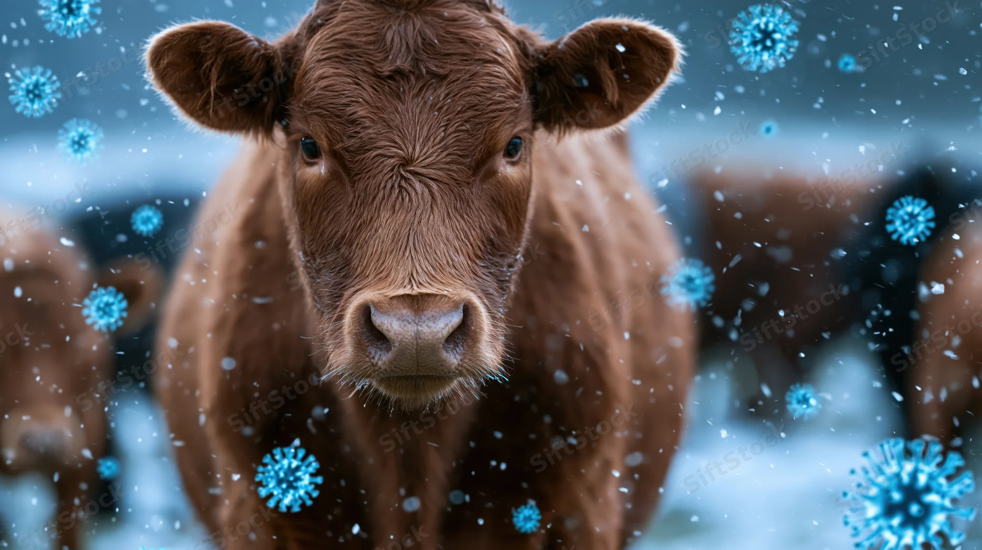 Brown cow standing in snow with blue virus particles floating around it