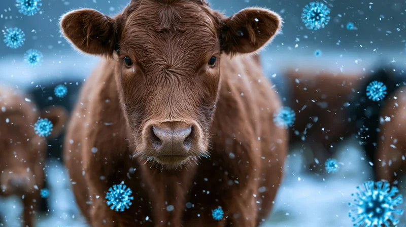 Brown cow standing in snow with blue virus particles floating around it