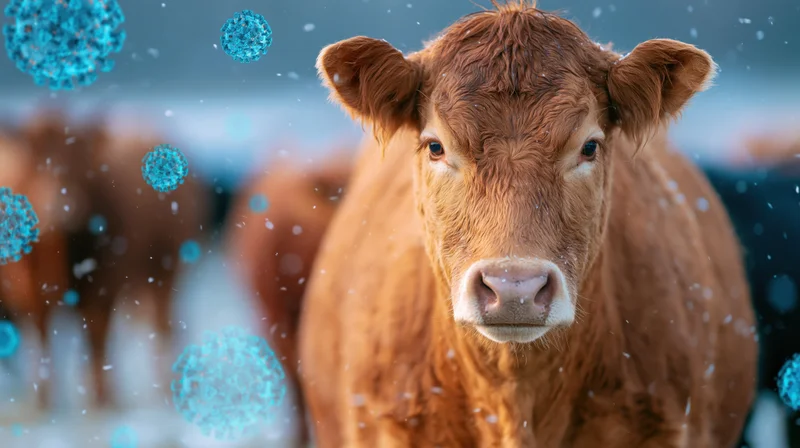 Brown cow standing close-up in snowy field with blue virus particles floating around