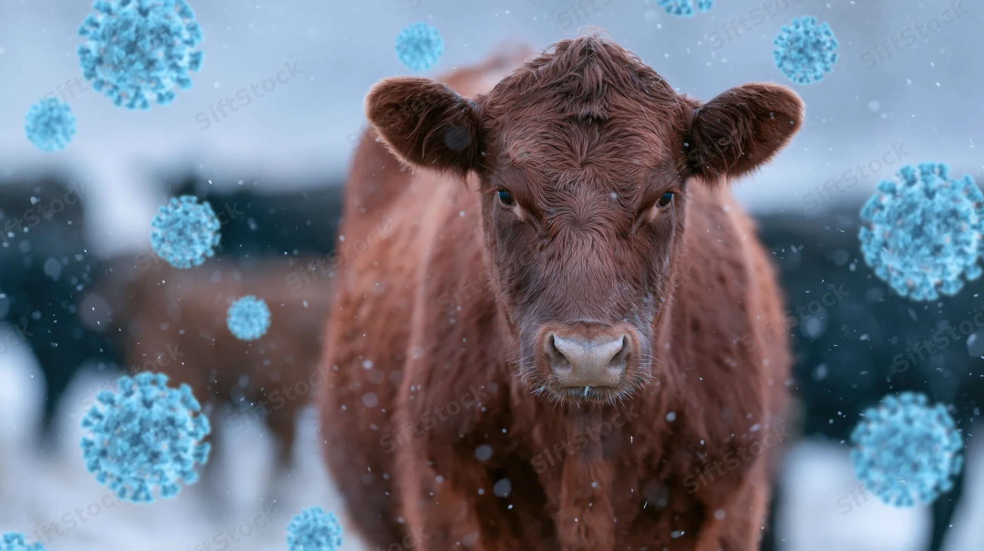 Brown cow standing in snowy field with blue virus particles floating around it