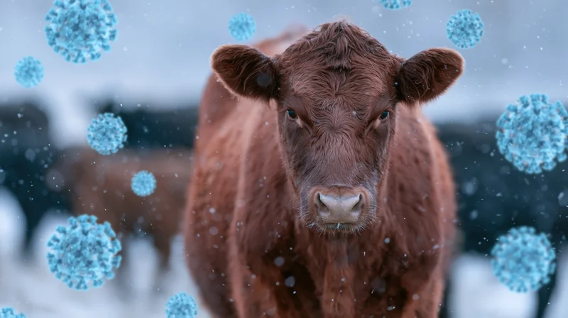 Brown cow standing in snowy field with blue virus particles floating around it