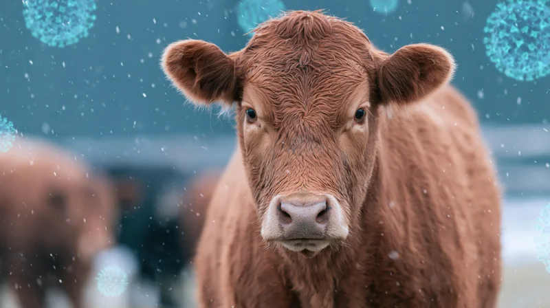 Brown bull facing camera in snowy field with virus particles in background