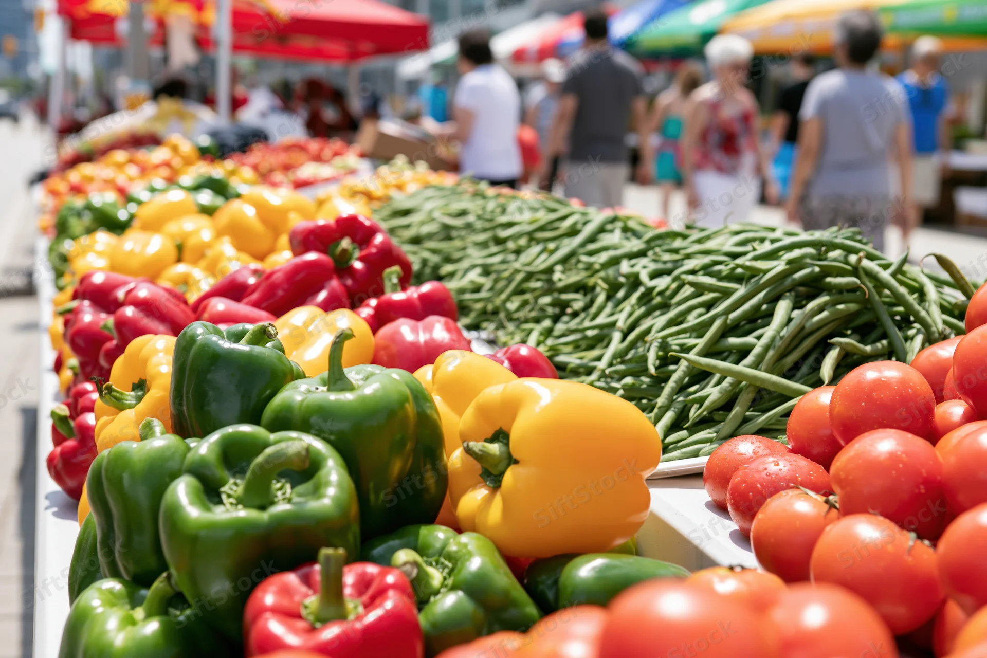 Colorful vegetables arranged in rows at an outdoor farmers market with shoppers in the background