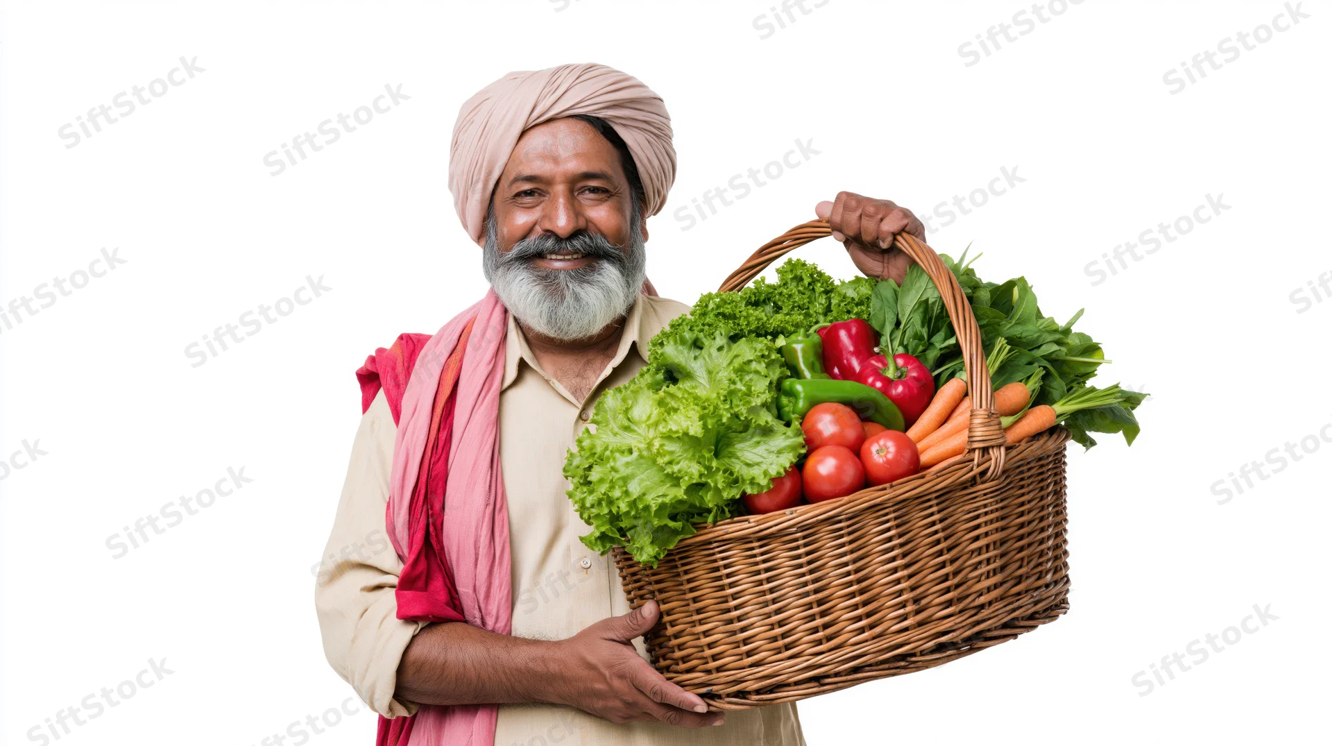 Senior indian man with beard holding wicker basket of fresh vegetables, isolated on white