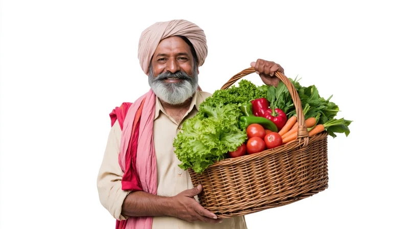 Senior indian man with beard holding wicker basket of fresh vegetables, isolated on white