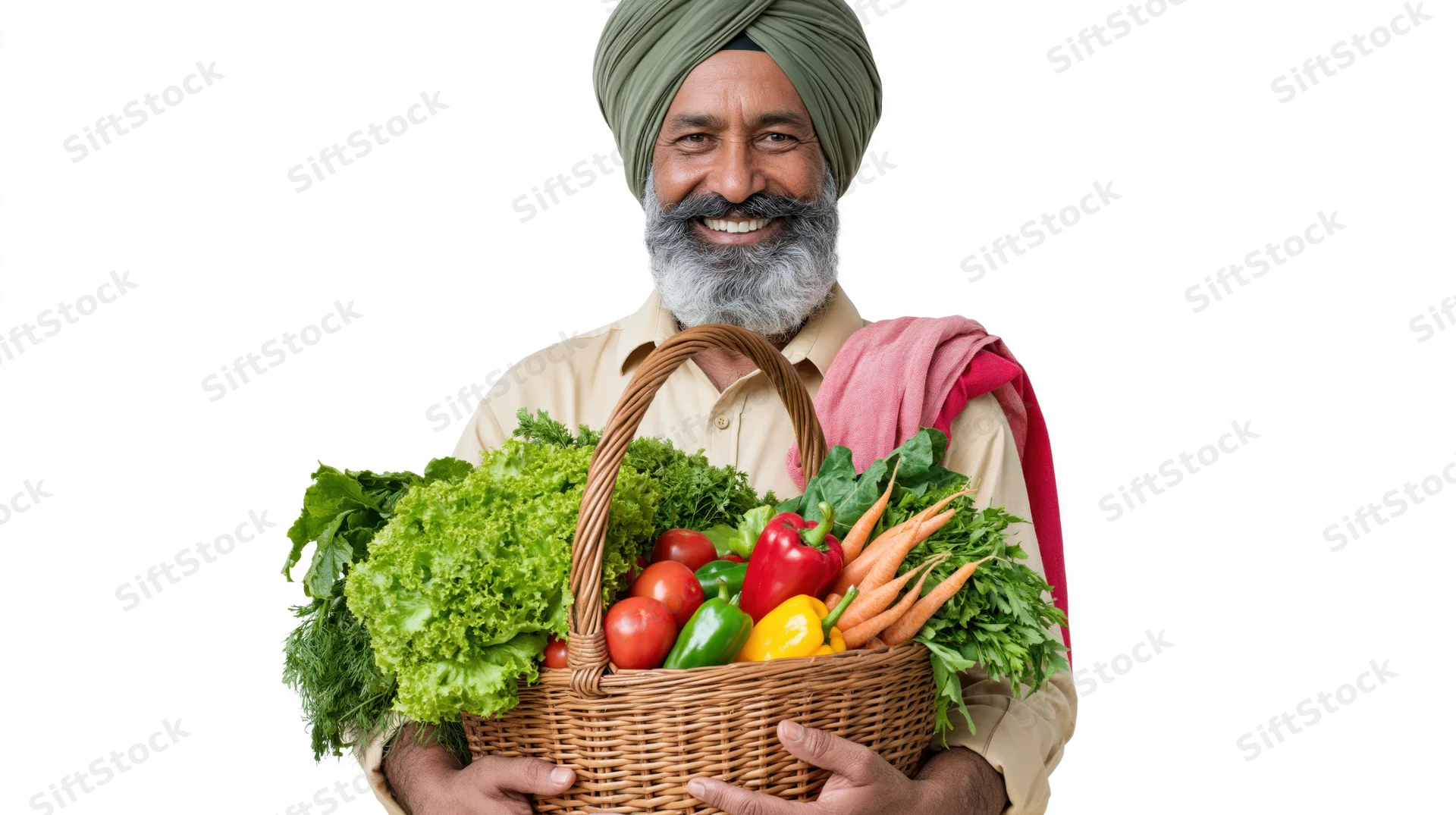 Man holding a wicker basket filled with fresh vegetables against white background