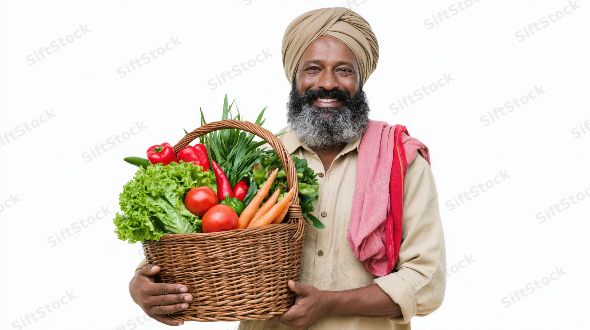 Man holding a basket of fresh vegetables against white background