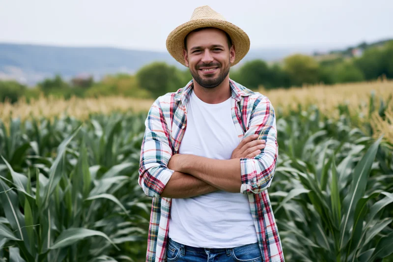 Farmer standing with arms crossed in a cornfield smiling