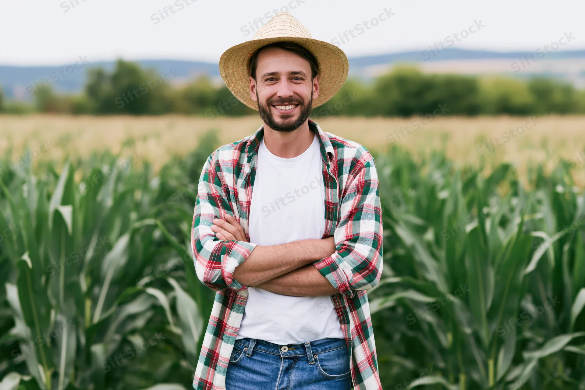 Smiling farmer with arms crossed standing in a cornfield
