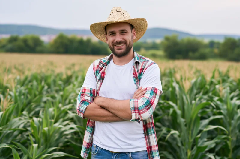 Farmer standing with arms crossed in a cornfield smiling