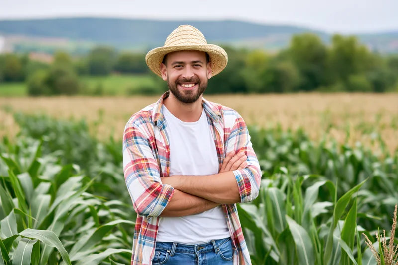 Farmer standing with arms crossed in a cornfield smiling