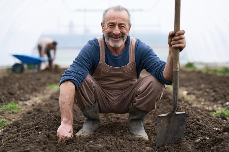 Senior man crouching in soil holding shovel in garden field