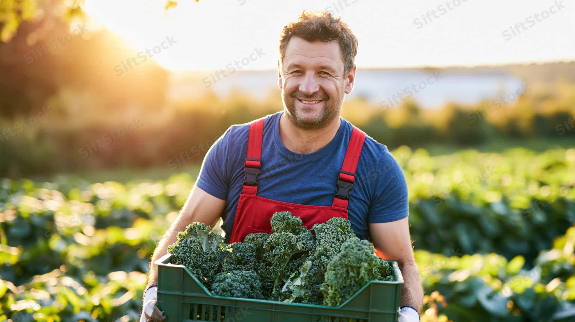 Man holding crate of kale in a field at sunset