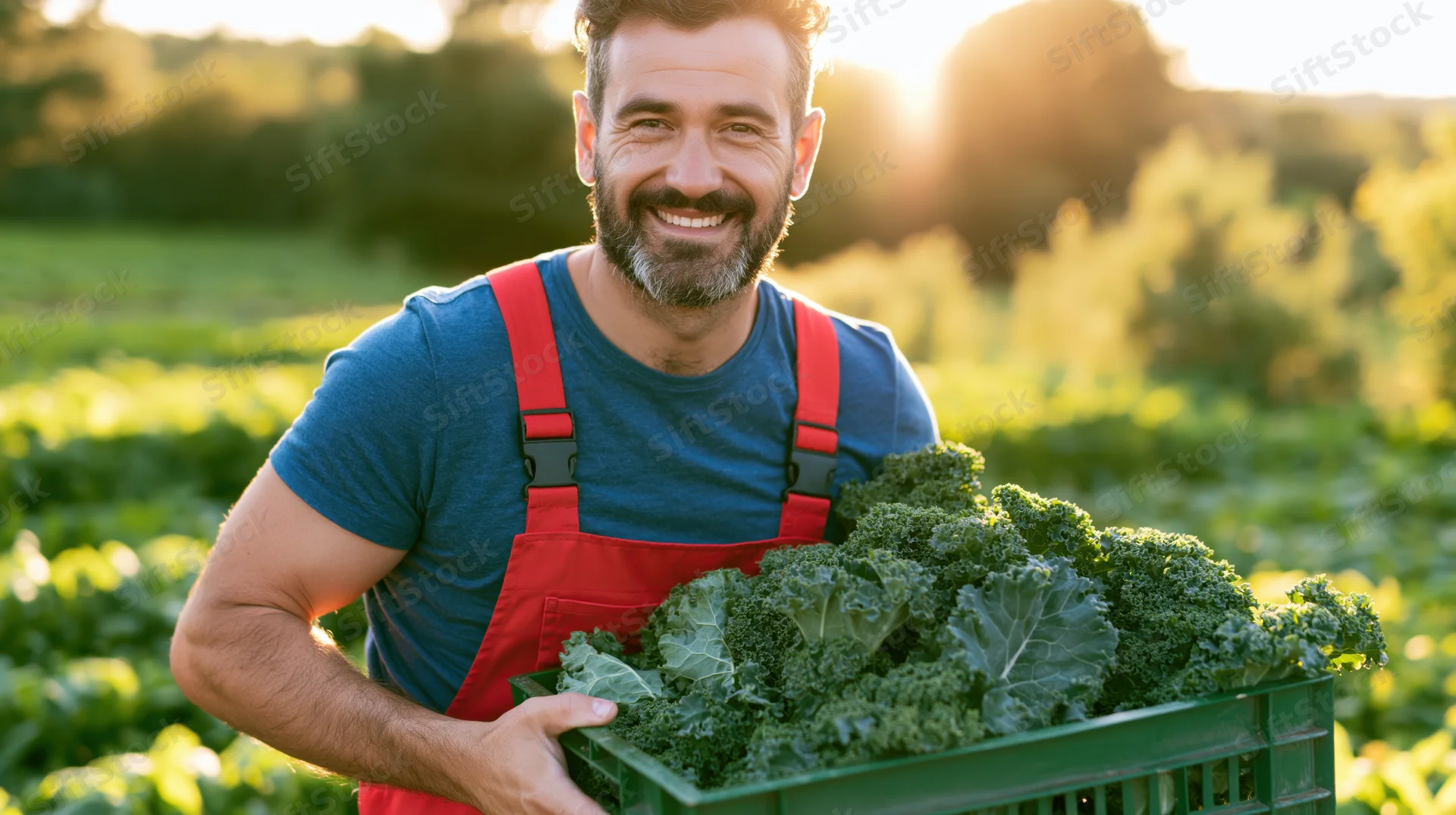 Man holding crate of kale in a field at sunset