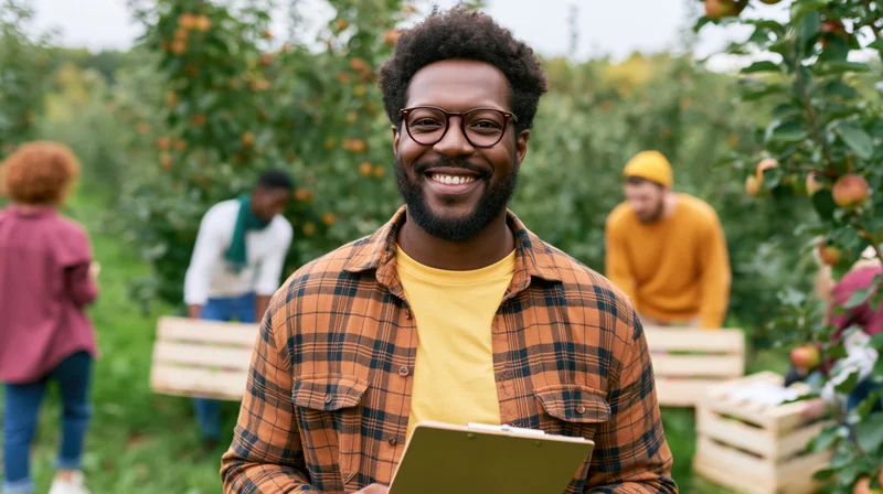 Smiling man holding clipboard in apple orchard with workers harvesting fruit in background