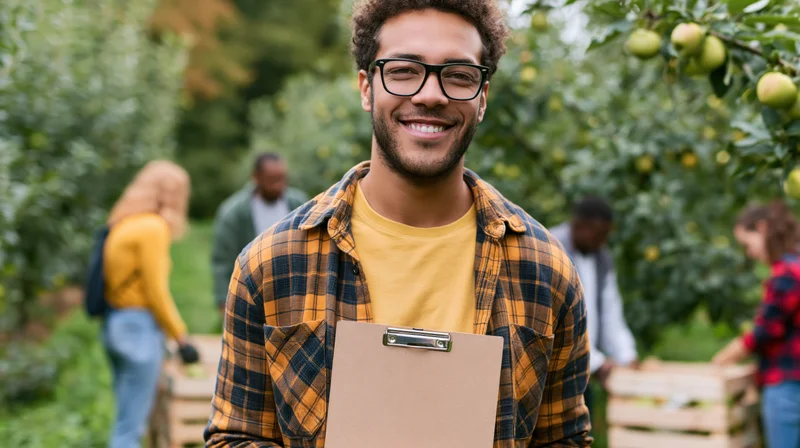Smiling man holding clipboard in apple orchard with workers harvesting fruit in background