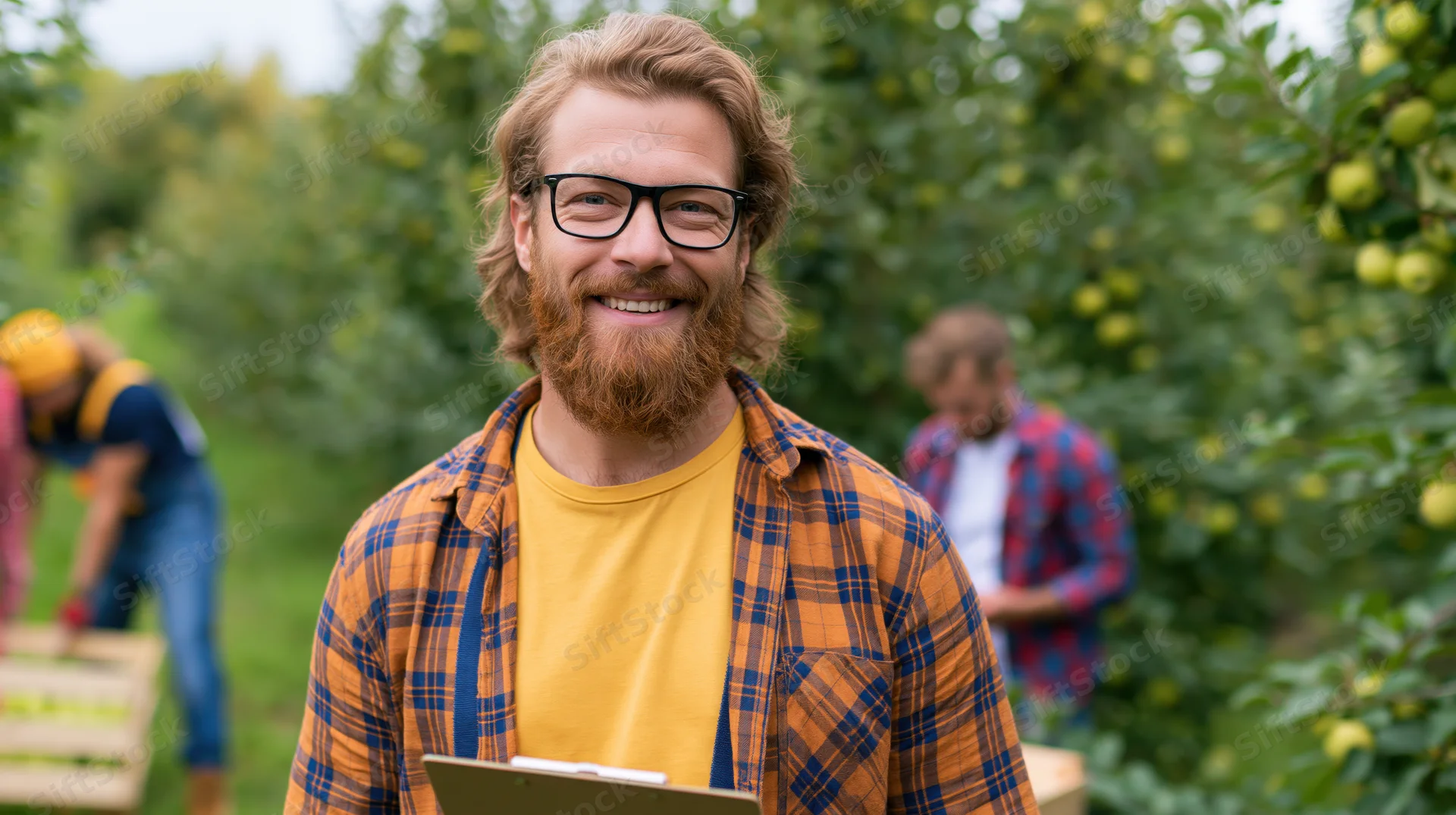 Smiling man with glasses and clipboard in an apple orchard during harvest