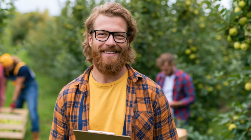 Smiling man with glasses and clipboard in an apple orchard during harvest