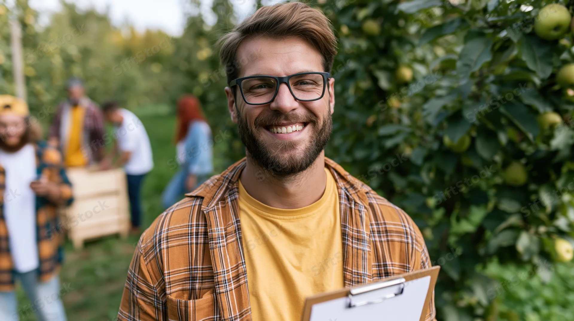 Smiling man holding clipboard in apple orchard with workers harvesting in background