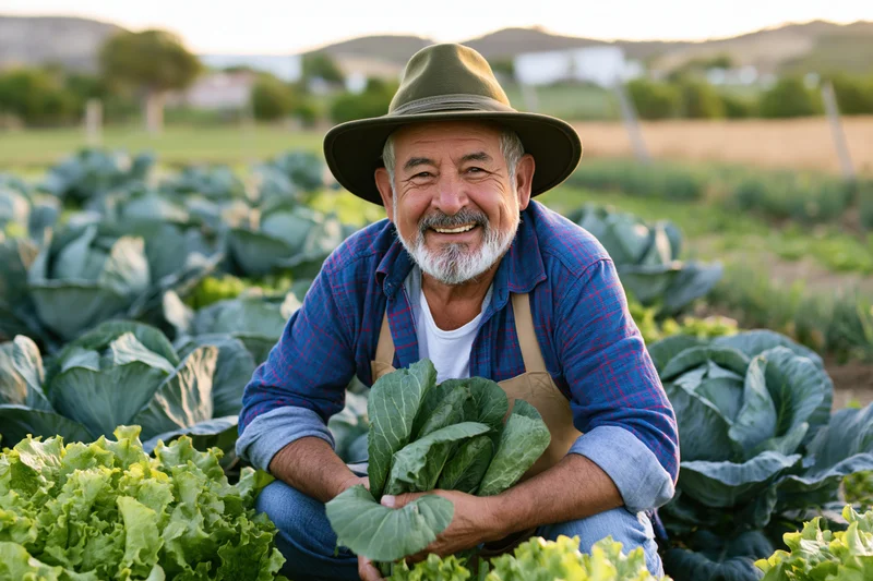 Senior man smiling while holding fresh cabbage and lettuce in a vegetable garden field