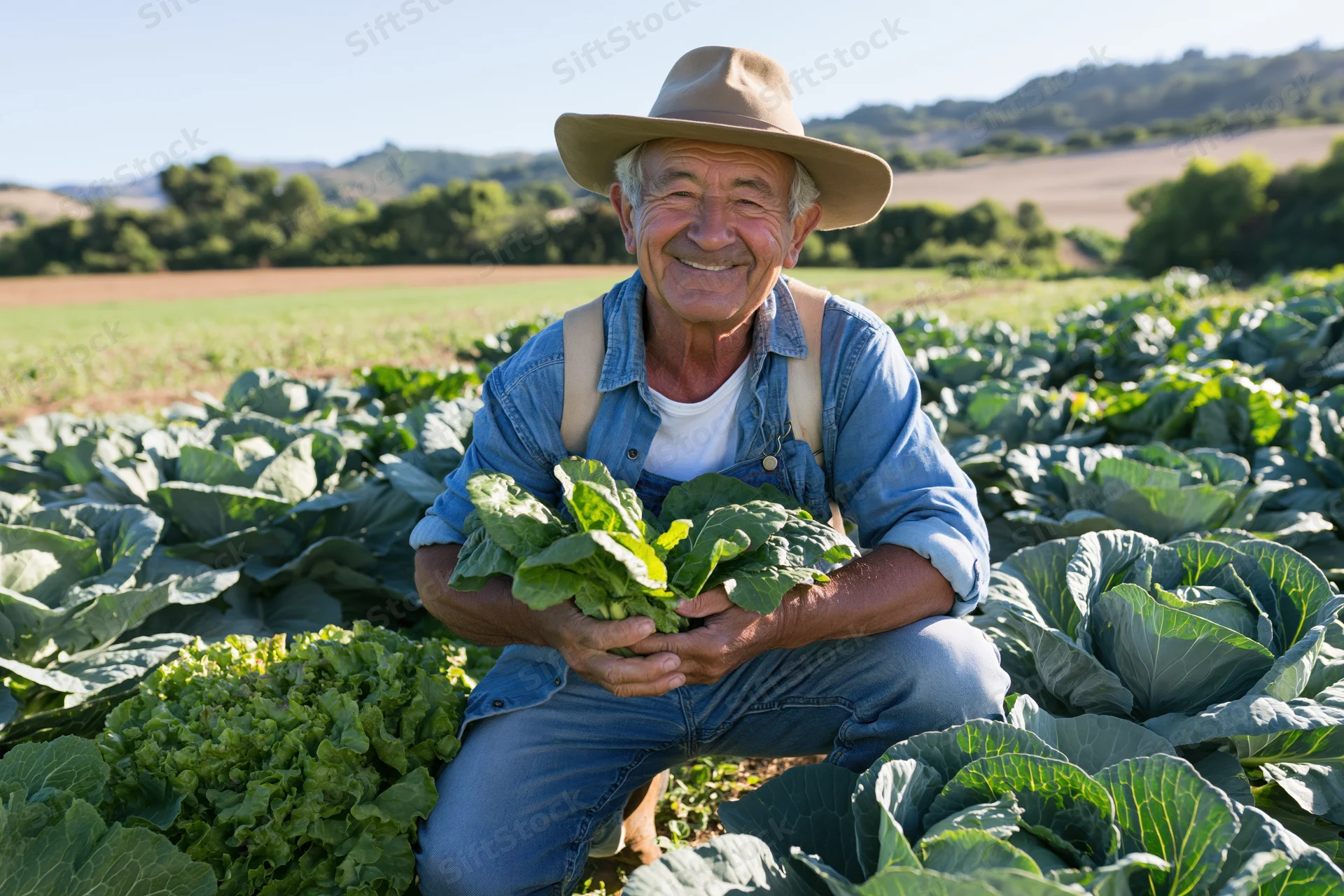 Senior man smiling while holding fresh lettuce in a cabbage field