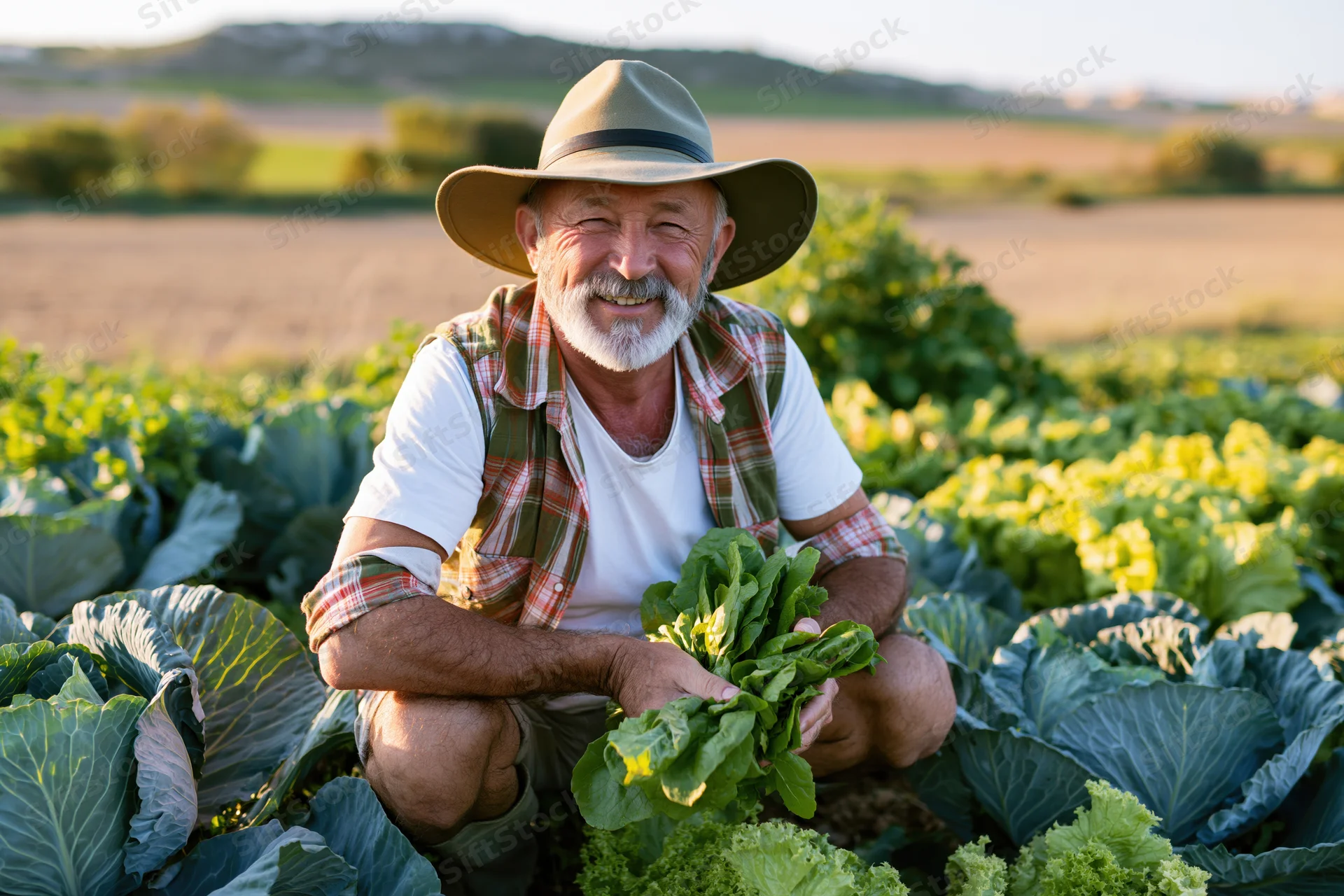 Senior man smiling while holding fresh lettuce in a cabbage field