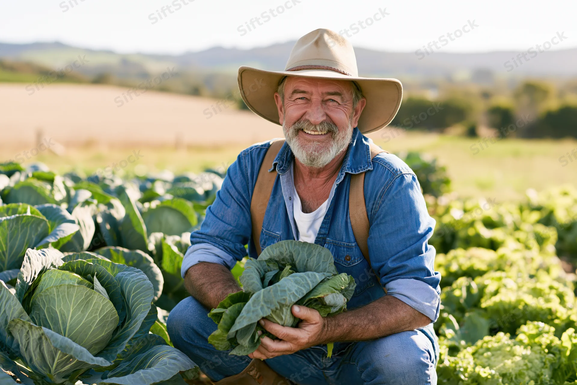 Senior man smiling while holding cabbage in a vegetable field
