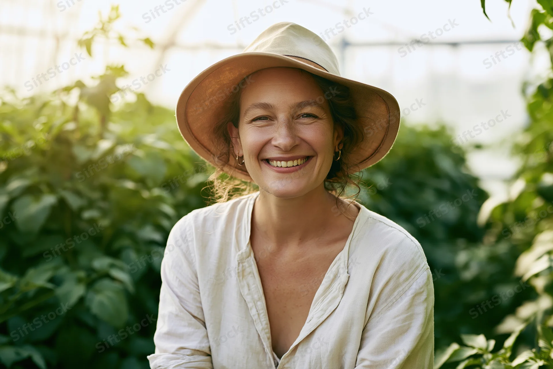 Smiling woman in a greenhouse surrounded by green plants