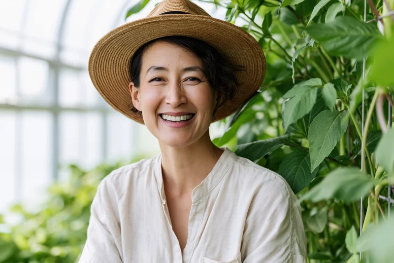 Smiling woman in straw hat standing among green plants in greenhouse