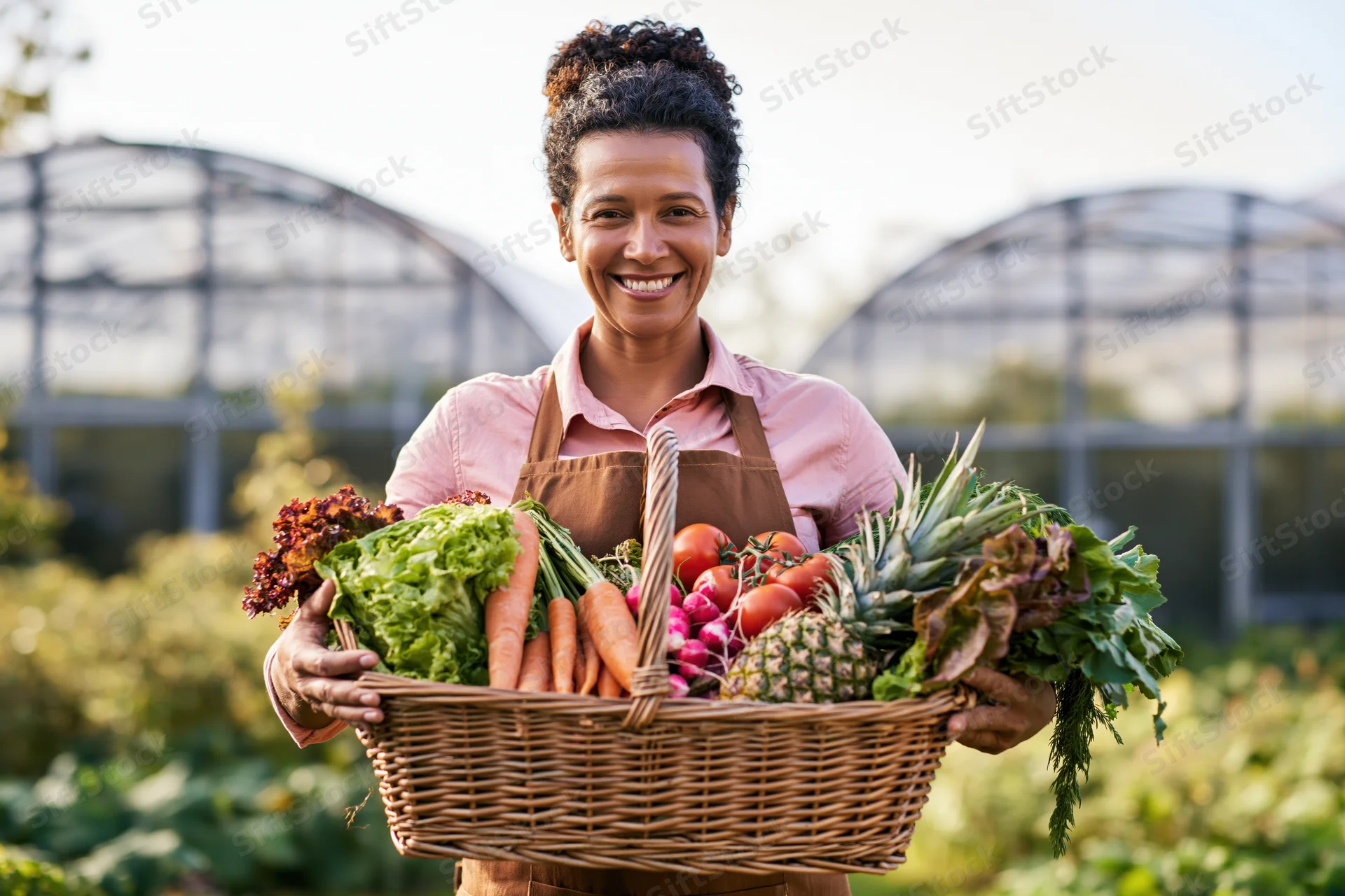 Woman holding a basket of fresh vegetables and fruits in a garden with greenhouses behind her