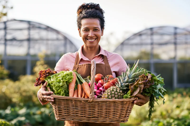 Woman holding a basket of fresh vegetables and fruits in a garden with greenhouses behind her