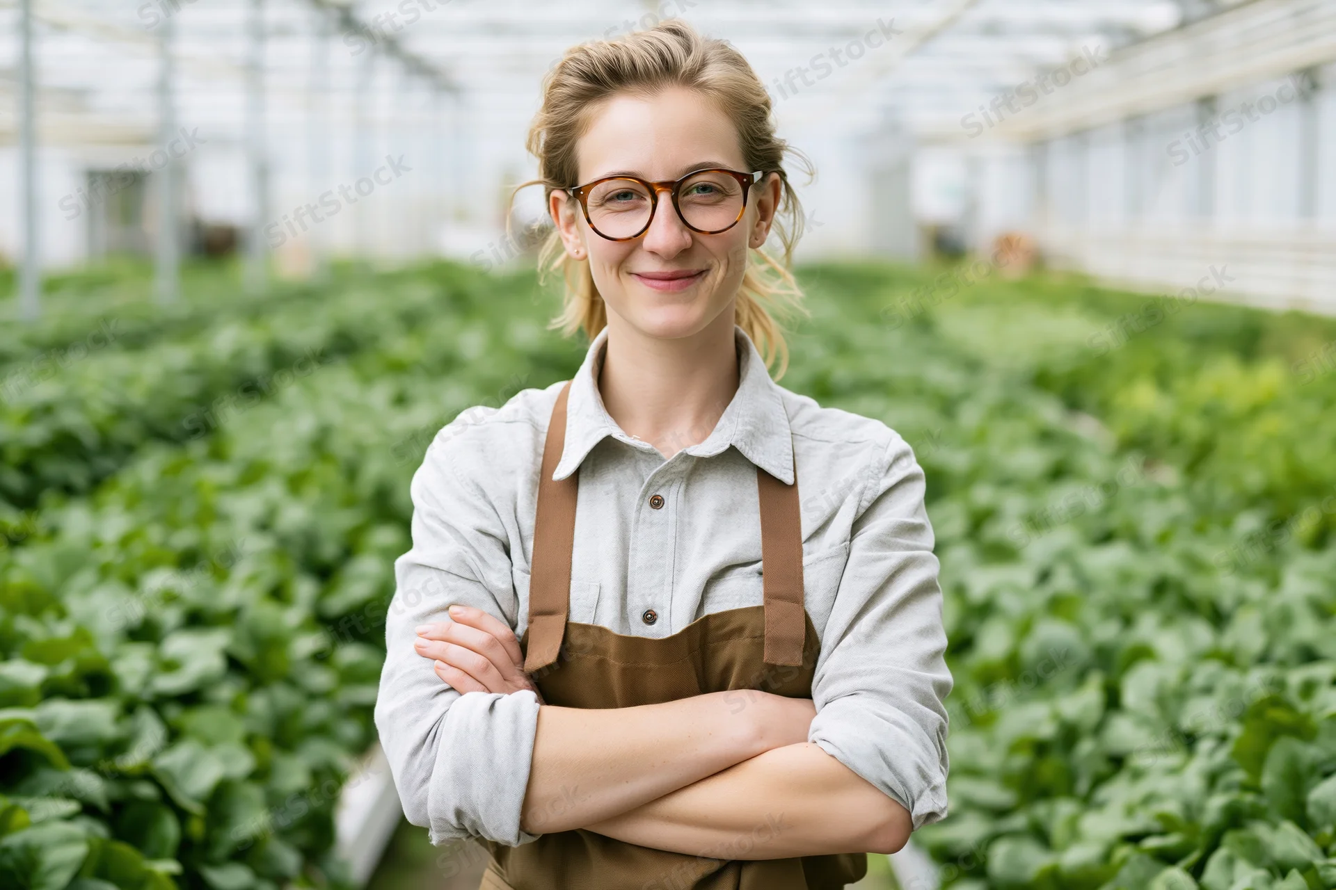 Woman with arms crossed smiling in a greenhouse filled with leafy green plants