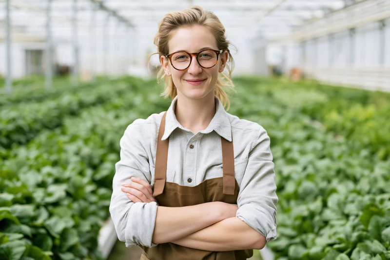 Woman with arms crossed smiling in a greenhouse filled with leafy green plants
