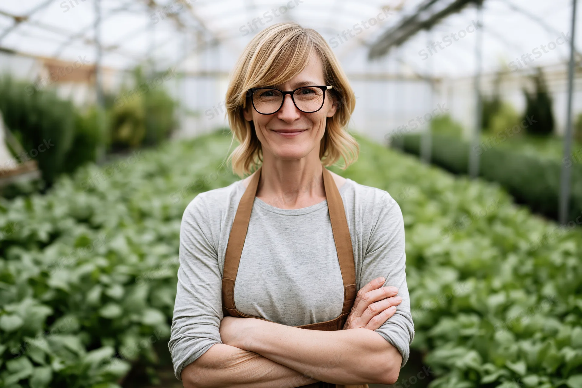 Woman with arms crossed smiling in a greenhouse surrounded by leafy green plants