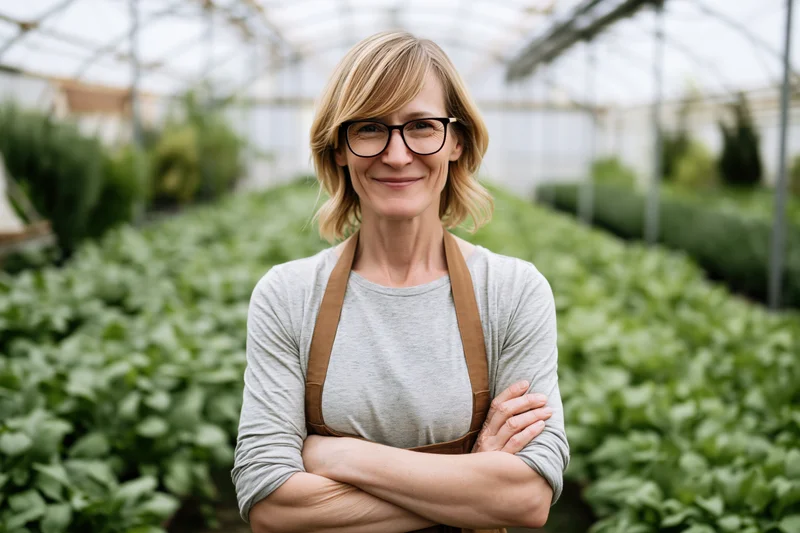 Woman with arms crossed smiling in a greenhouse surrounded by leafy green plants