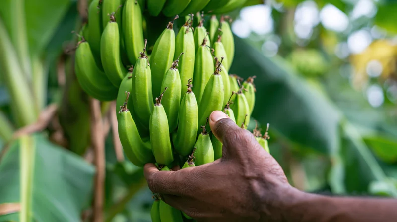 A farmer's hand touching a bunch of green bananas on a tree in a tropical plantation