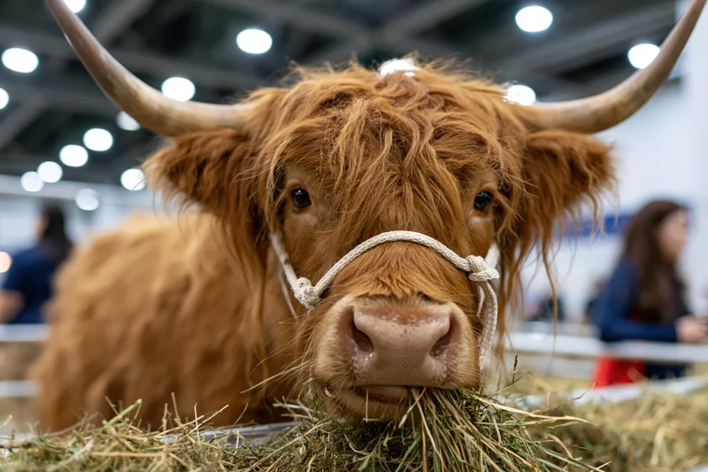 Highland cow eating hay at an indoor livestock exhibition