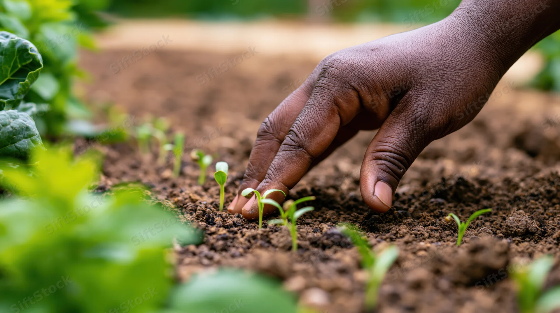 Hand planting seedlings in soil in a garden