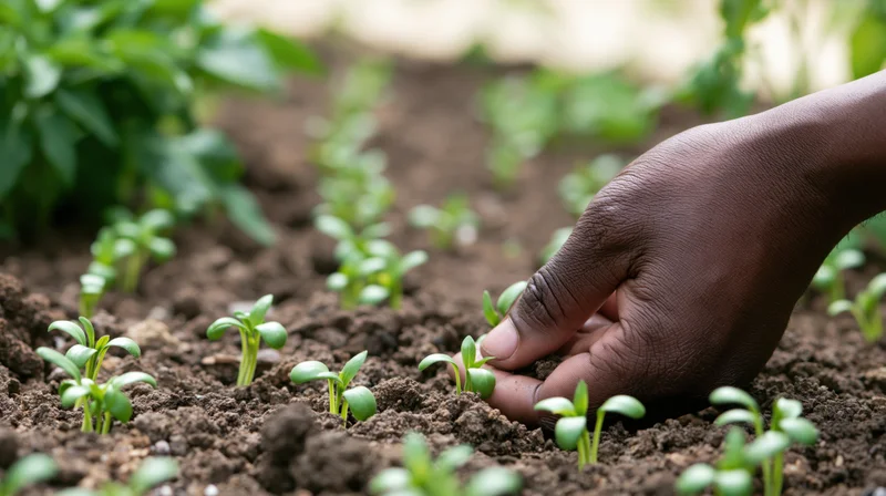 A black hand gently touching young seedlings in rich soil during planting