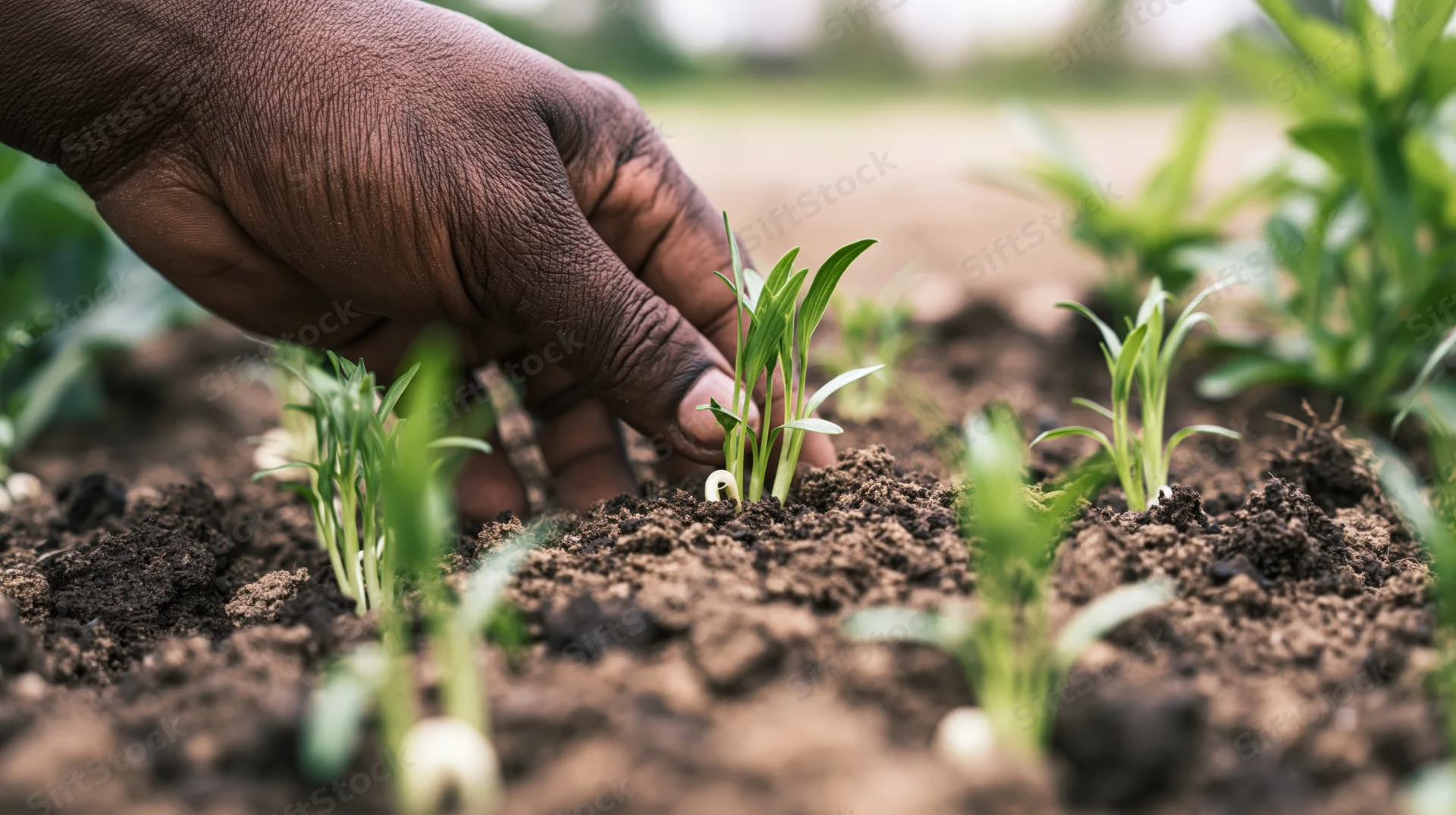 Hand planting seedlings in soil outdoors