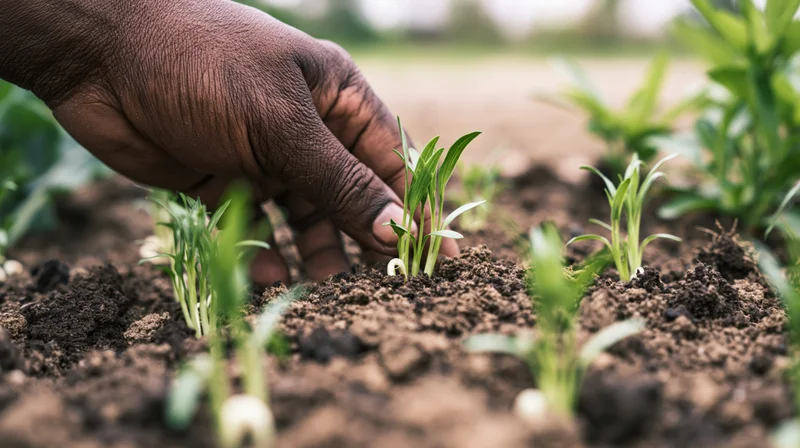 Hand planting seedlings in soil outdoors