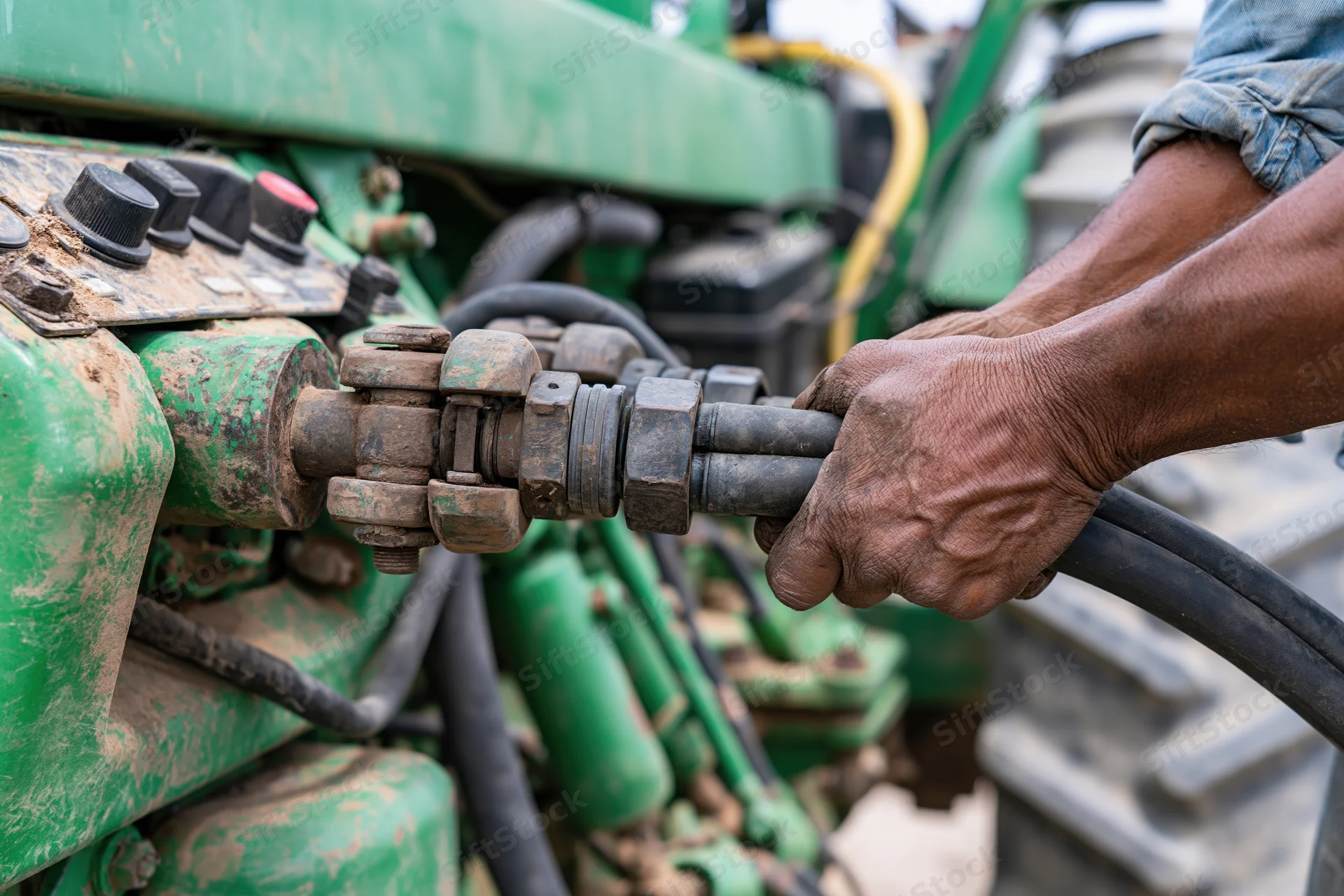 Farmer connecting hydraulic hose to green tractor machinery outdoors