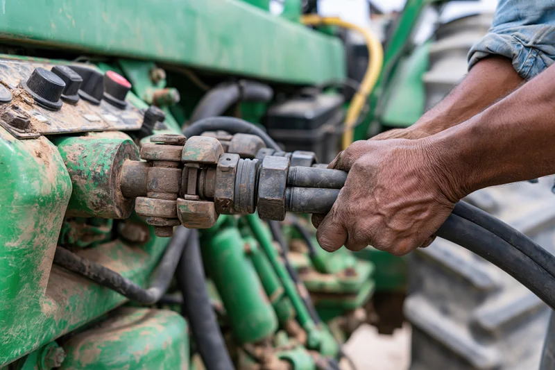 Farmer connecting hydraulic hose to green tractor machinery outdoors